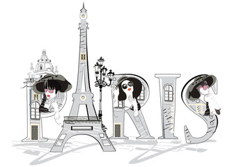 Design  with lettering Paris and the Eiffel tower, fashion girls in hats, architectural elemens. Hand drawn vector illustration. - 505715972