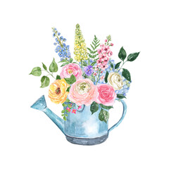 Watercolor floral bouquet in a watering can isolated on white background. Fresh cut garden flowers and greenery arrangement. Botanical illustration. Greeting card design.