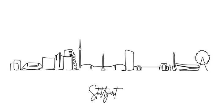 One continuous line drawing Stuttgart city skyline Germany. Beautiful skyscraper. World landscape tourism travel vacation wall decor poster concept. Stylish single line draw design vector illustration