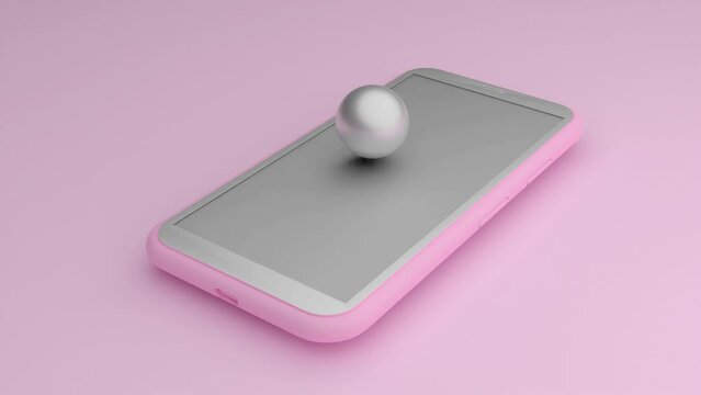 A shiny metal ball falls on the smartphone from a height. A pink smartphone with a gray screen lying on a table. 3D render.