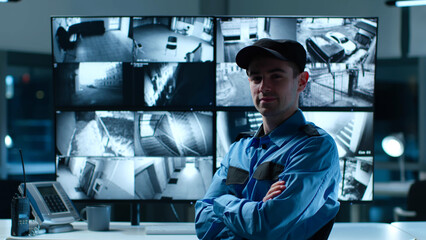 Portrait of security guard looking at camera with cctv cameras multiscreen on background