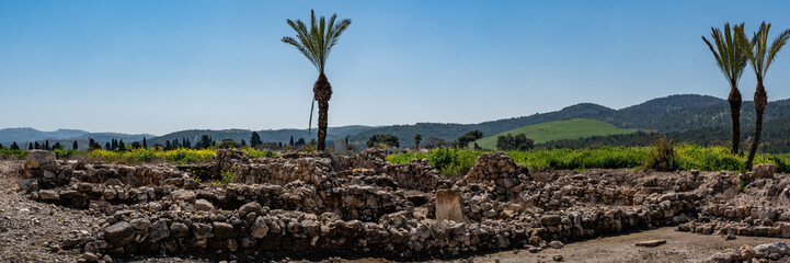 Panoramic view of Tel Megiddo National Park is an archaeological site. Also known as Armageddon the place where the last battle between good and evil will be fought.
 - obrazy, fototapety, plakaty