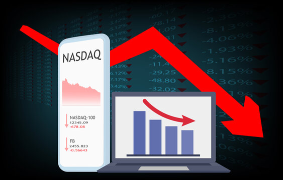 Stocks Fall, Technology Businesses Do Not Perform Well. Stock Market Crash And Loss Trading Graph, Investment Indicator Down. Vector Illustration Eps10.