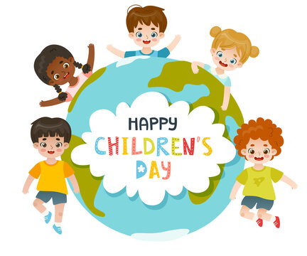Children's day celebration banner. Diverse happy kids around the planet earth. Adorable cartoon toddlers with world globe.
