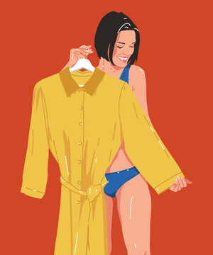 Shopping, fashion, clothes, style, and people concept - Happy women try wearing a yellow coat at Home or a clothing store. Vector illustration.