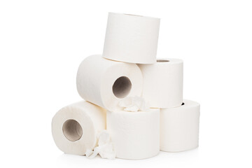 Rolls of white toilet paper stacked in a pyramid on a white isolated background