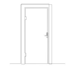 Close front door. Entrance to a room or office. Continuous line drawing. Vector illustration.