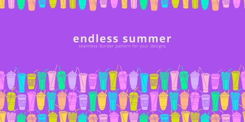 Horizontal bright color seamless border pattern with various bright to go cups in bottom part for marketing campaign, advertising, promotions. Party time flyer template.