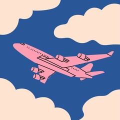 Pink airplane flying in the cloudy sky. Silhouette of passenger plane. Vacation, fast travel, transportation concept. Hand drawn Vector illustration. Card, icon, logo, poster template. Cartoon style - obrazy, fototapety, plakaty