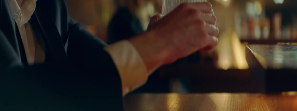 CU Portrait of handsome 30s adult Caucasian male enjoying a drink at the bar or restaurant in the evening. Shot with 2x anamorphic lens