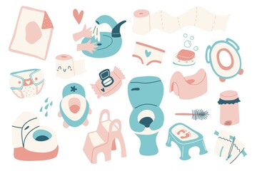 Potty training set. Vector toilet training items.