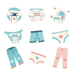 Baby diapers and underwear set. Vector hand drawn baby clothes. - obrazy, fototapety, plakaty