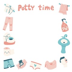 Potty time square frame with potty training elements. Vector.