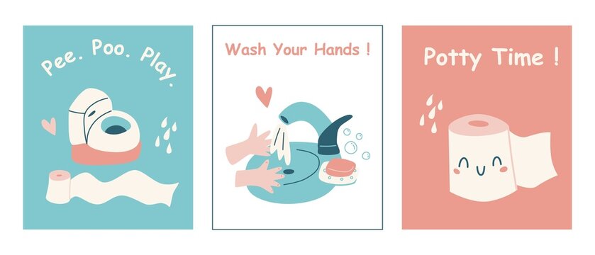 Bathroom Posters For Kids. Potty Training Vector Prints For Preschool Decorations.