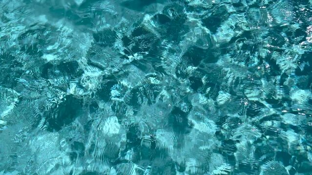 Boy in shorts swimming and having fun inside pool