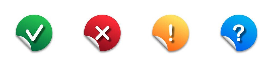 Fototapeta premium Set of colored stickers with check mark, cross, exclamation point, and question mark sign. Flat vector illustration.