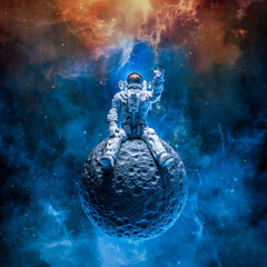 Astronaut sitting on moon - 3D illustration of science fiction space suited lonely figure on small asteroid reaching for the stars in outer space - 505728527