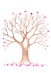 Beautiful tree isolated on white. Pink hearts leaves.