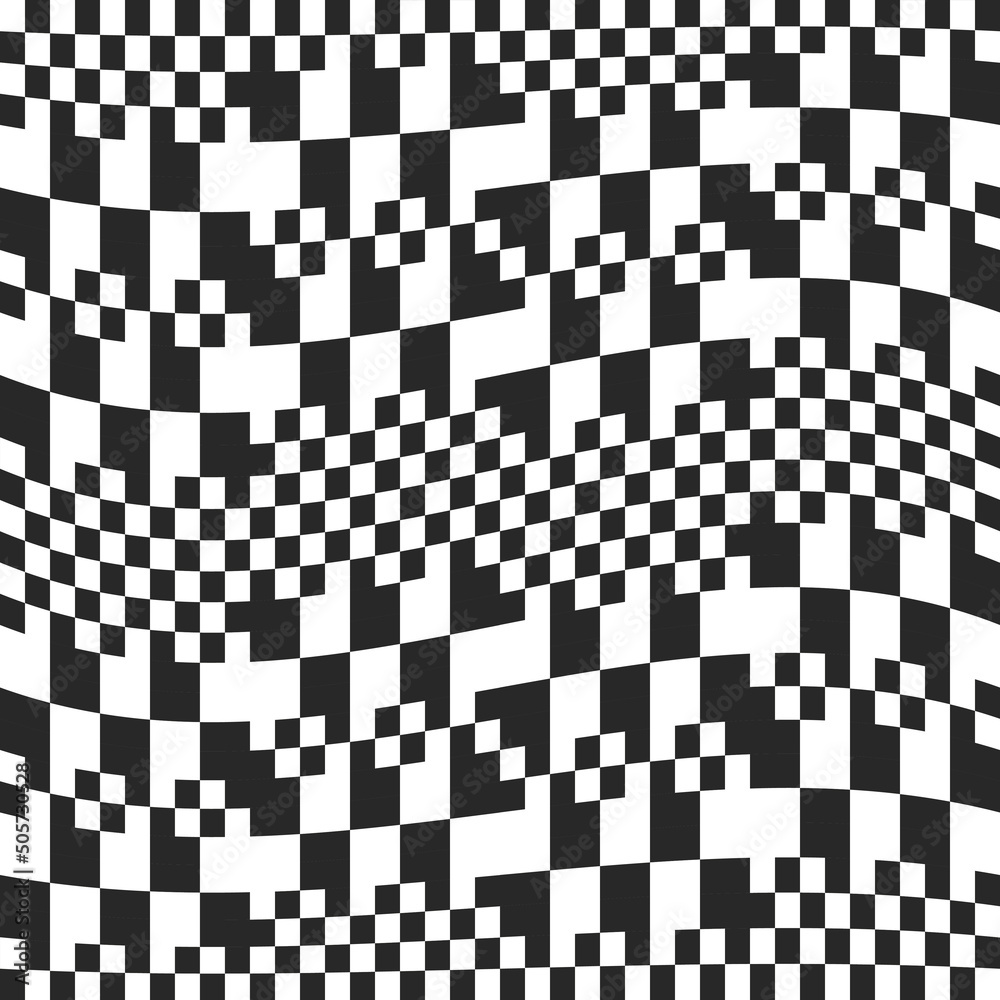 Poster Checkerboard pattern in waves. Vector from black and white cubes. Large and small squares in a decorative wavy ornament.