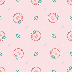 Seamless scandinavian pattern with outline simple minimalistic apple fruit on pink background for prints, wallpapers, mobile concepts and web apps