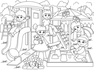 Childrens playground coloring. Vector illustration of black and white.