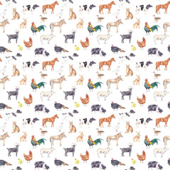 Seamless surface pattern design. Digital paper with watercolor farm animals. Horse,chicken, goat, rooster, dog, cow, rabbit, sheep, duck. Scrapbook, fabric and textile design, surface pattern design.