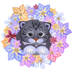 Cartoon cute sweet kitten in different round flowers frame. Vector illustration