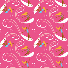 The girl surfing on waves in ocean. Summer vacation. Seamless pattern on pink background.