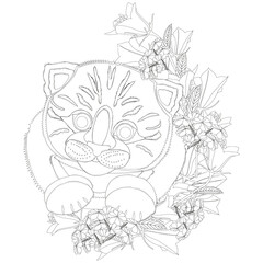Fototapeta premium Сoloring page with cartoon cute sweet kitten with flowers composition. Vector illustration