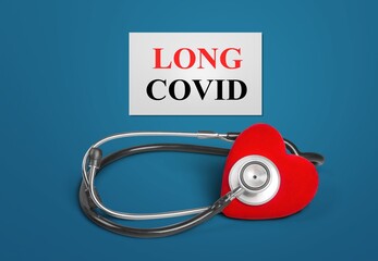 COVID-19 pandemic long covid symbol. White card, heart and stethoscope. - obrazy, fototapety, plakaty