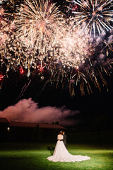 wedding couple on the background of fireworks at night.
Bride and groom watching beautiful colorful
 fireworks
