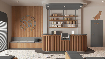 Vet clinic waiting room in gray and wooden tones. Reception desk with shelves, sitting area with benches, pillows and carpet. Entrance door and terrazzo tiles. Interior design idea
