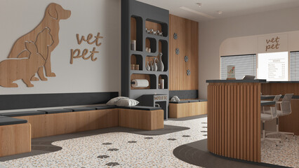 Veterinary architecture project in gray and wooden tones. Waiting room with sitting benches and pillows, reception desk. Bookshelf with decors, terrazzo tiles. Interior design concept
