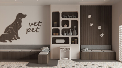 Veterinary hospital waiting room in dark wooden tones. Sitting room with benches and pillows, terrazzo tiles and carpet. Bookshelf with pet food and water cooler. Interior design idea