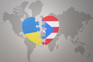 puzzle heart with the national flag of ukraine and puerto rico on a world map background. Concept.