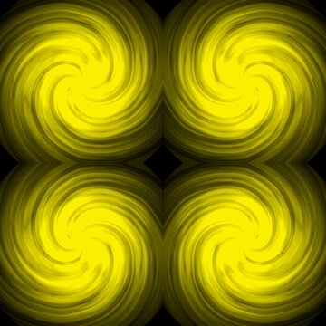 Seamless Symmetrical Image Of A Yellow Galaxy On A Black Background. Yellow Abstraction With A Mirror Pattern Of Circular Motion.
