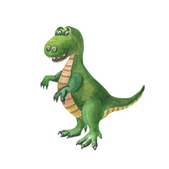 Watercolor green dinosaur. Cute tyrannosaurus on a white background. Watercolor illustration