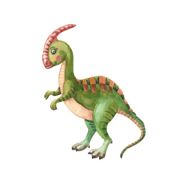 Watercolor green dinosaur. Cute parasaurolophuson a white background. Watercolor illustration