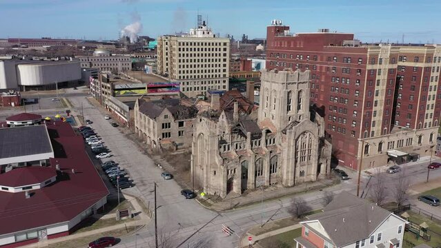 Sunset shines on the historic central core of downtown Gary, Indiana, USA.