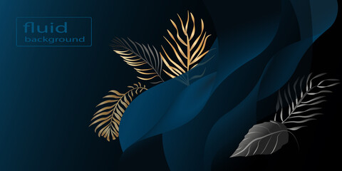 Fluid dark blue background with tropical golden  leaves .vector
