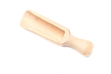 Wooden scoop isolated on a white, top view