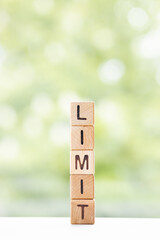 LIMIT - word is written on wooden cubes on a green summer background. Close-up of wooden elements.