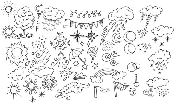 
weather clouds sun lightning rain coloring book for kids doodle sketch hand drawn big set separately on white background elements