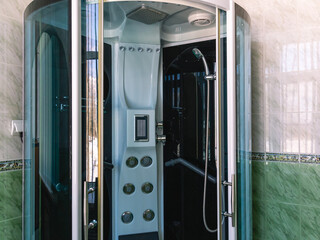 Shower cabin, hydro massage box. A plumbing device designed for the reception of water procedures by a person in the form of a shower, a steam bath and a hydro massage. Human hygiene.