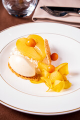 Baked Pear with Ice Cream and coconut