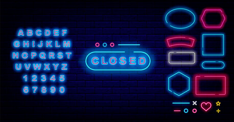 Closed neon sign. Goodbye emblem for shop, cafe and bar. Glowing blue alphabet. Vector stock illustration