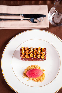 pastry with hazelnut and berry sorbet