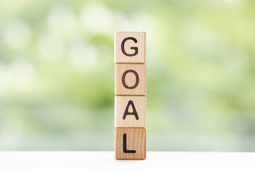 Goal - word is written on wooden cubes on a green summer background. Close-up of wooden elements.
