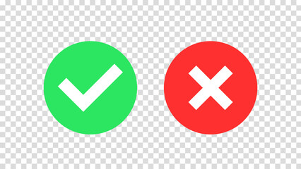 Check mark approval green icon, red cross mark isolated on transparent background. Check button, approve or deny, cancel. Yes or no vector icon
