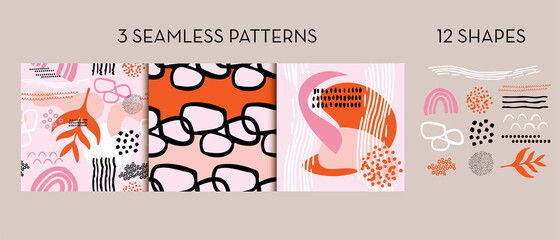 Abstract Seamless Patterns with Abstract Shapes in pink orange and black